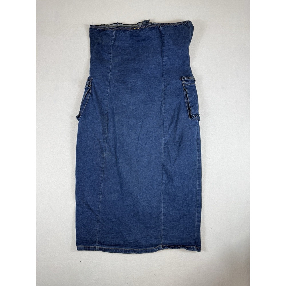 Daisy Womens Strapless Denim Bodycon Midi Dress Medium Wash Blue Size 2X